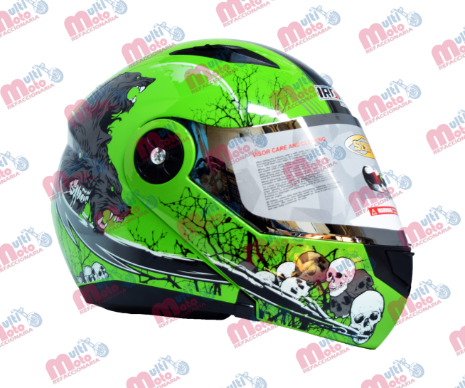 CASCO ABATIBLE DOBLE MICA  IRON RACING DOT LOBO-MAN NEON-VERDE L